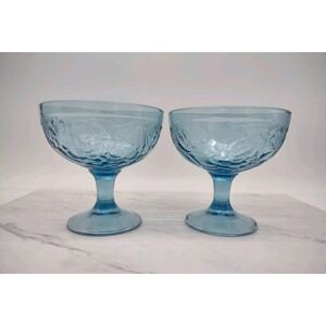 Vintage French Pressed Glass Blue Dessert Dish on Pedestal Fruit Design France